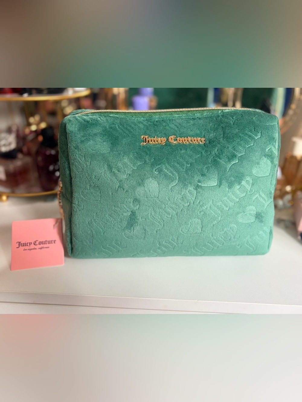 Juicy Couture Emerald Green Velvet Embossed Cosmetic Case with Gold Logo